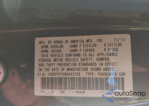 2011 Honda Accord 2.4 Lx-P z USA, uszkodzony, nr VIN 1HGCP2F40BA042326